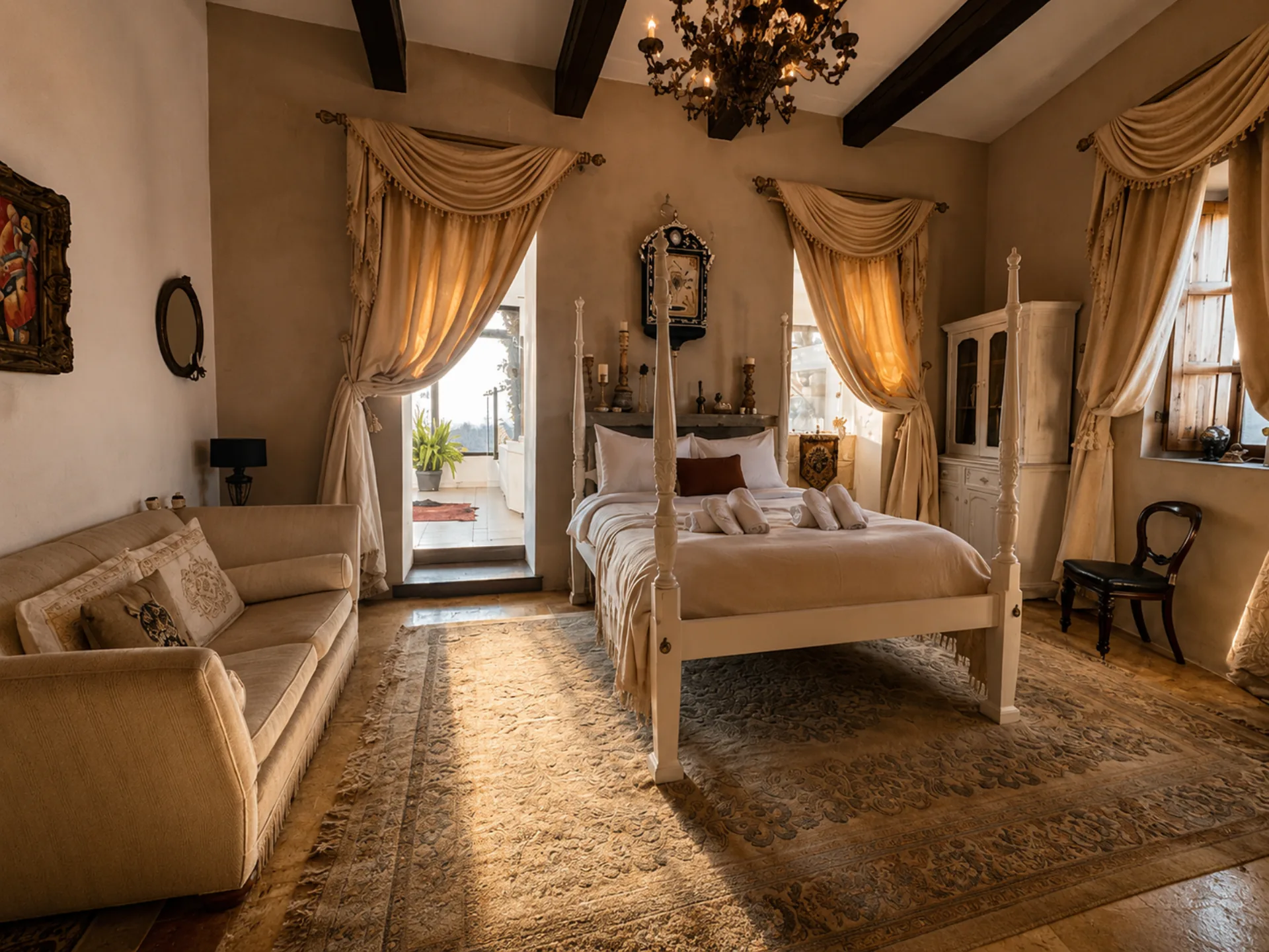 Queen four-poster bedroom with soaring ceilings at Nine Angels Villa